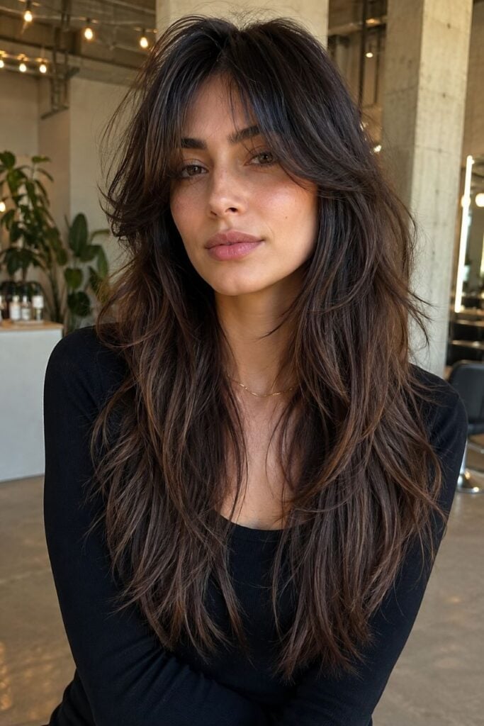 Mid-Back Dark Brown Wolf Cut With Ash Highlights, Close-Up Take Mid-Back Dark Brown Wolf Cut With Ash Highlights, Close-Up Take — Long Wolf Cut