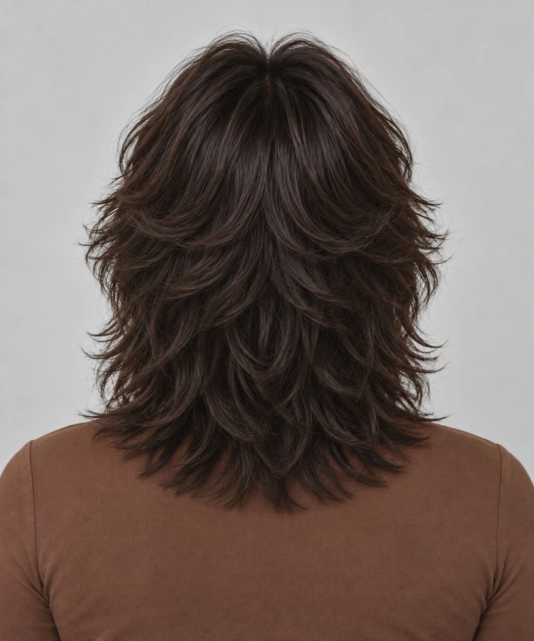 Shoulder Length Dark Brown Wolf Cut No Bangs, Middle Parting Shoulder Length Dark Brown Wolf Cut No Bangs, Middle Parting — Long Wolf Cut