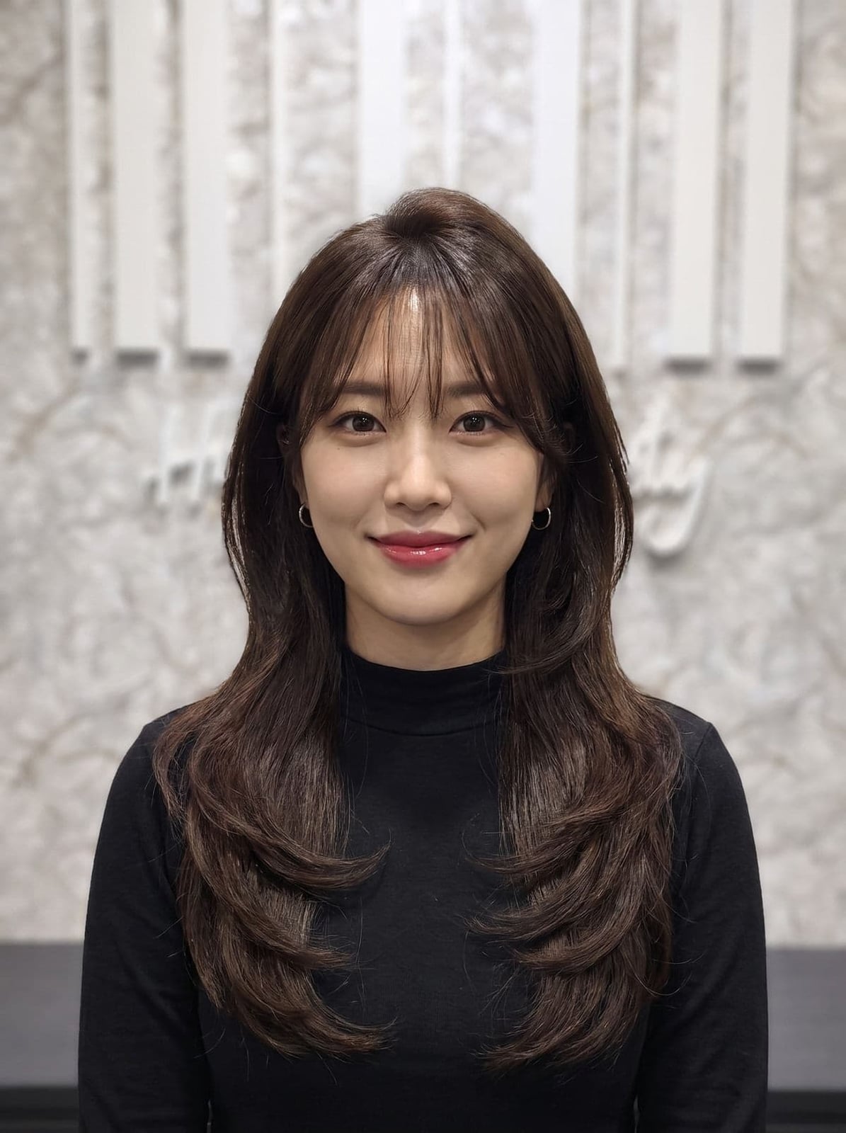 Mid-Back Dark Brown Shag With Voluminous Layers, Curtain Bangs Mid-Back Dark Brown Shag With Voluminous Layers, Curtain Bangs — Long Wolf Cut