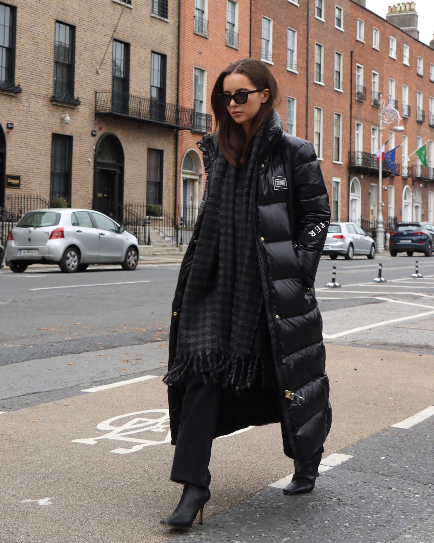 Longline Puffer With Houndstooth Scarf and Boots