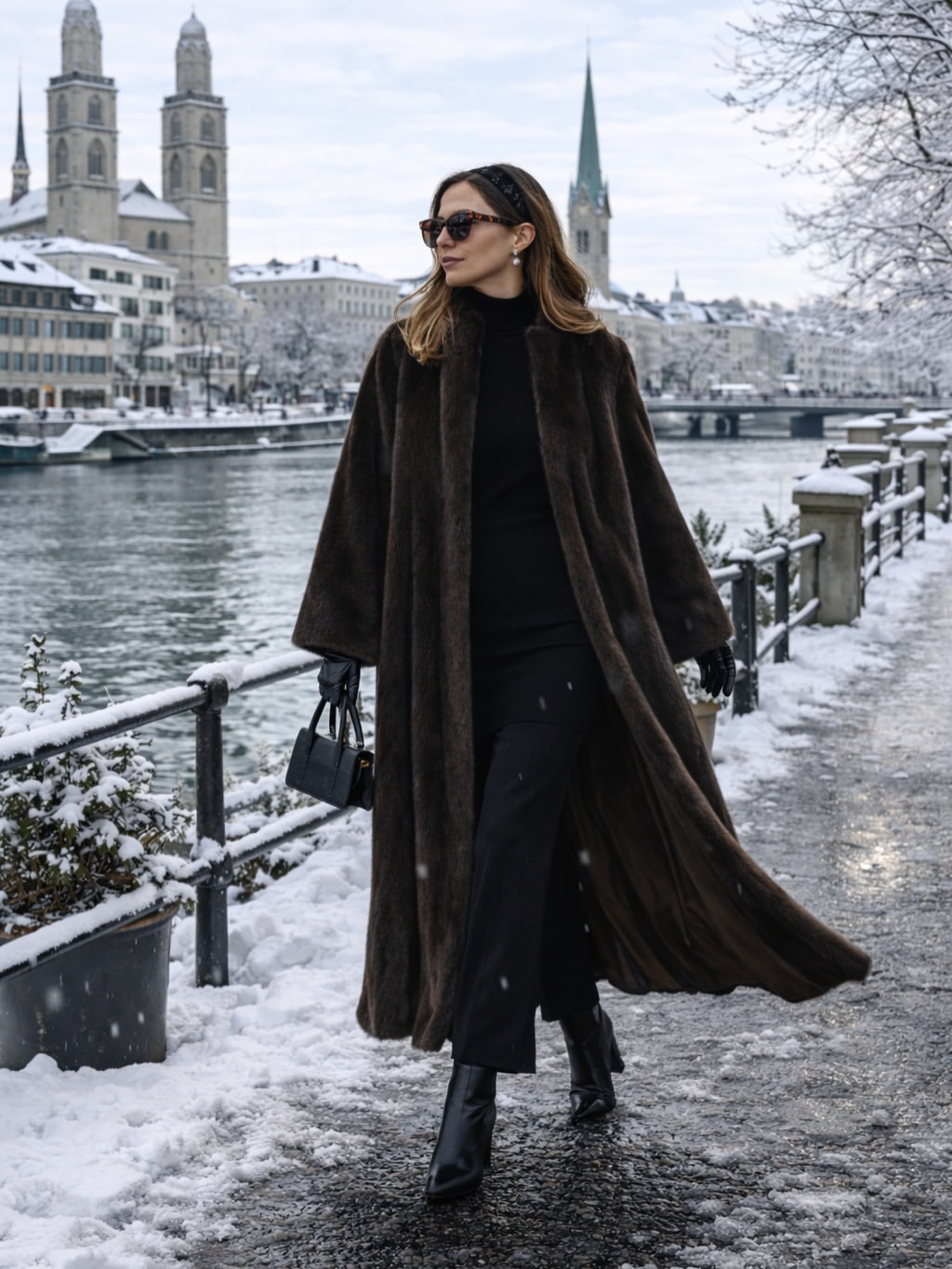 Luxurious Faux Fur Coat Over Black Winter Ensemble