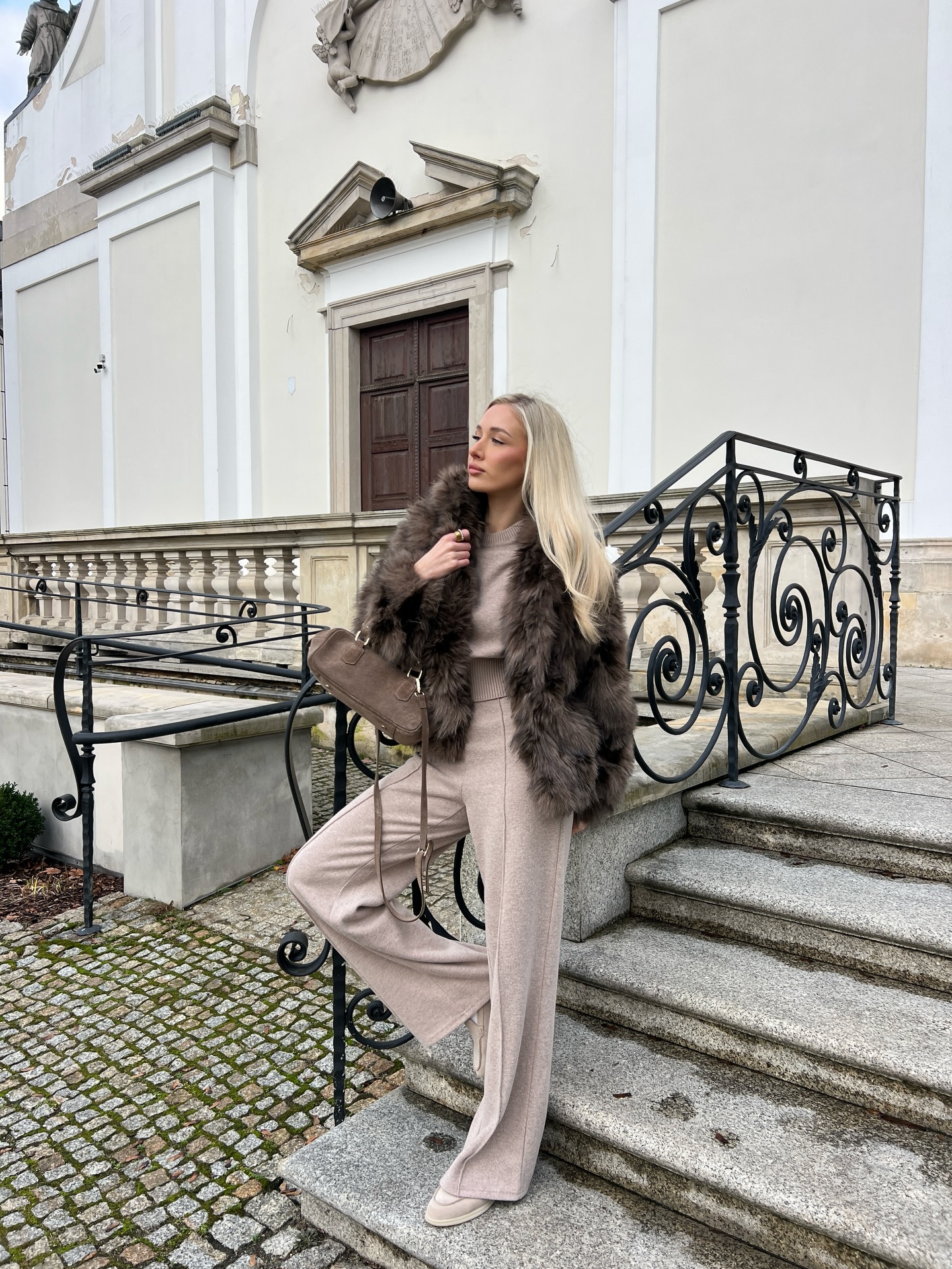 Luxurious Faux Fur Coat With Matching Knit Set