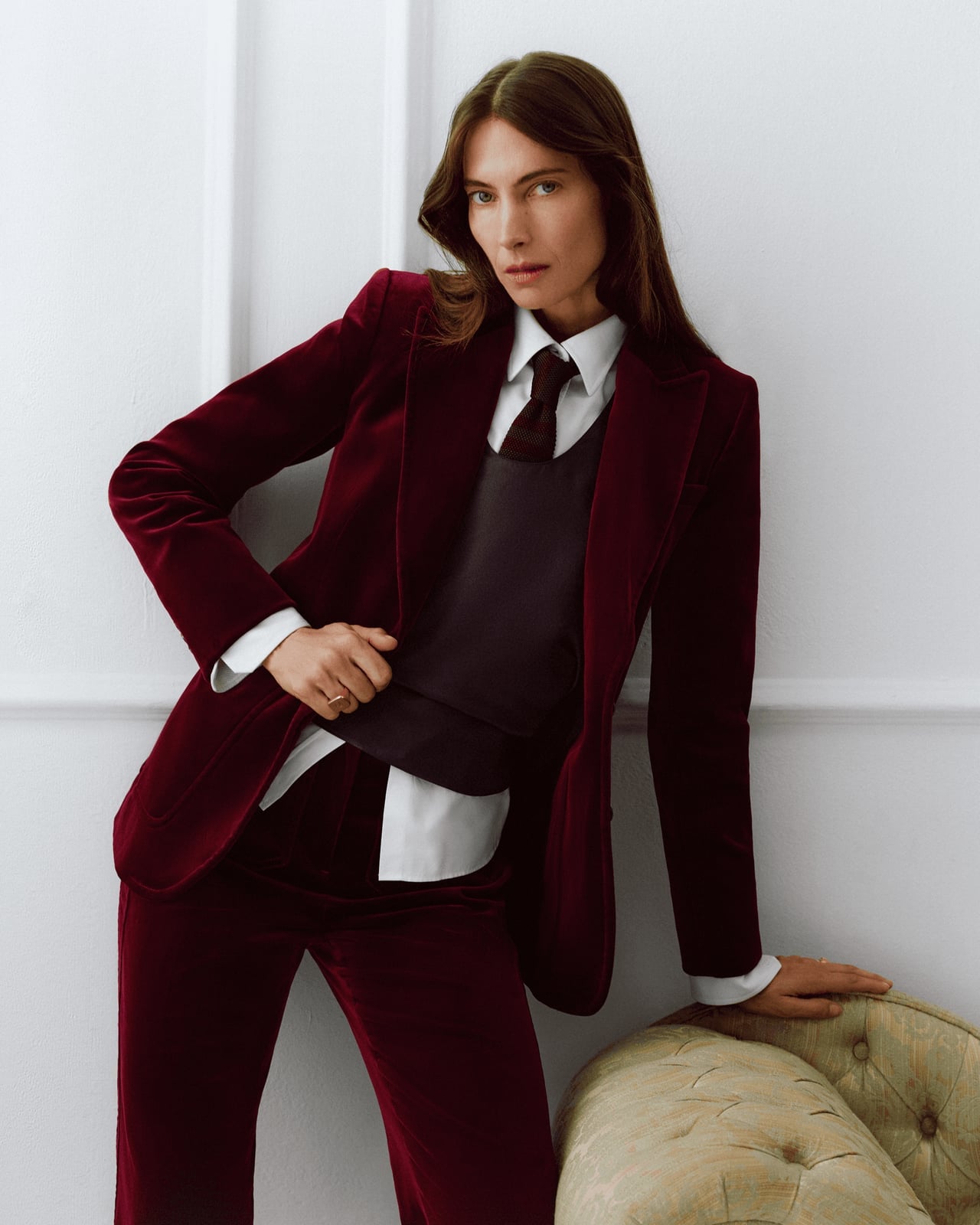 Burgundy Velvet Suit with Vest and Collared Shirt Burgundy Velvet Suit with Vest and Collared Shirt — Luxury Outfits