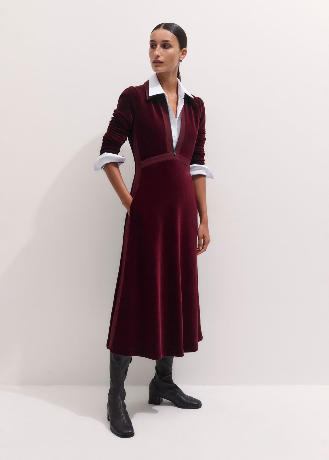 Burgundy Velvet Fit and Flare Midi Dress Burgundy Velvet Fit and Flare Midi Dress — Luxury Outfits