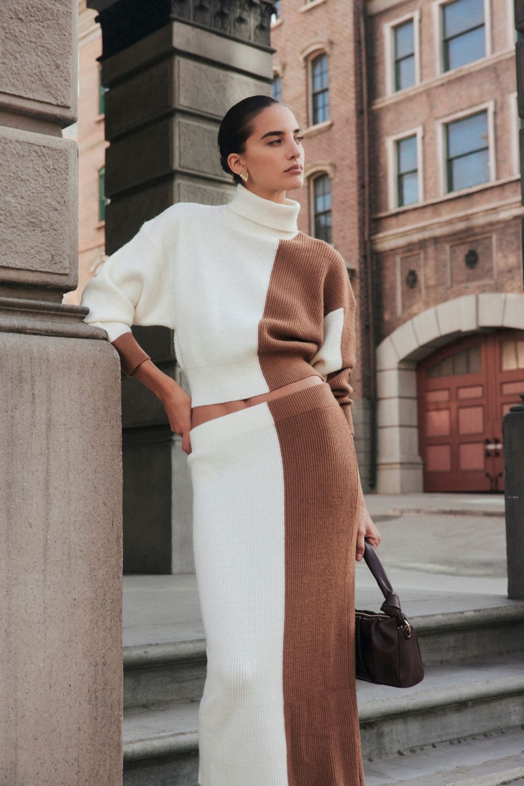 Two-Tone Knit Turtleneck Sweater and Midi Skirt Set Two-Tone Knit Turtleneck Sweater and Midi Skirt Set — Luxury Outfits