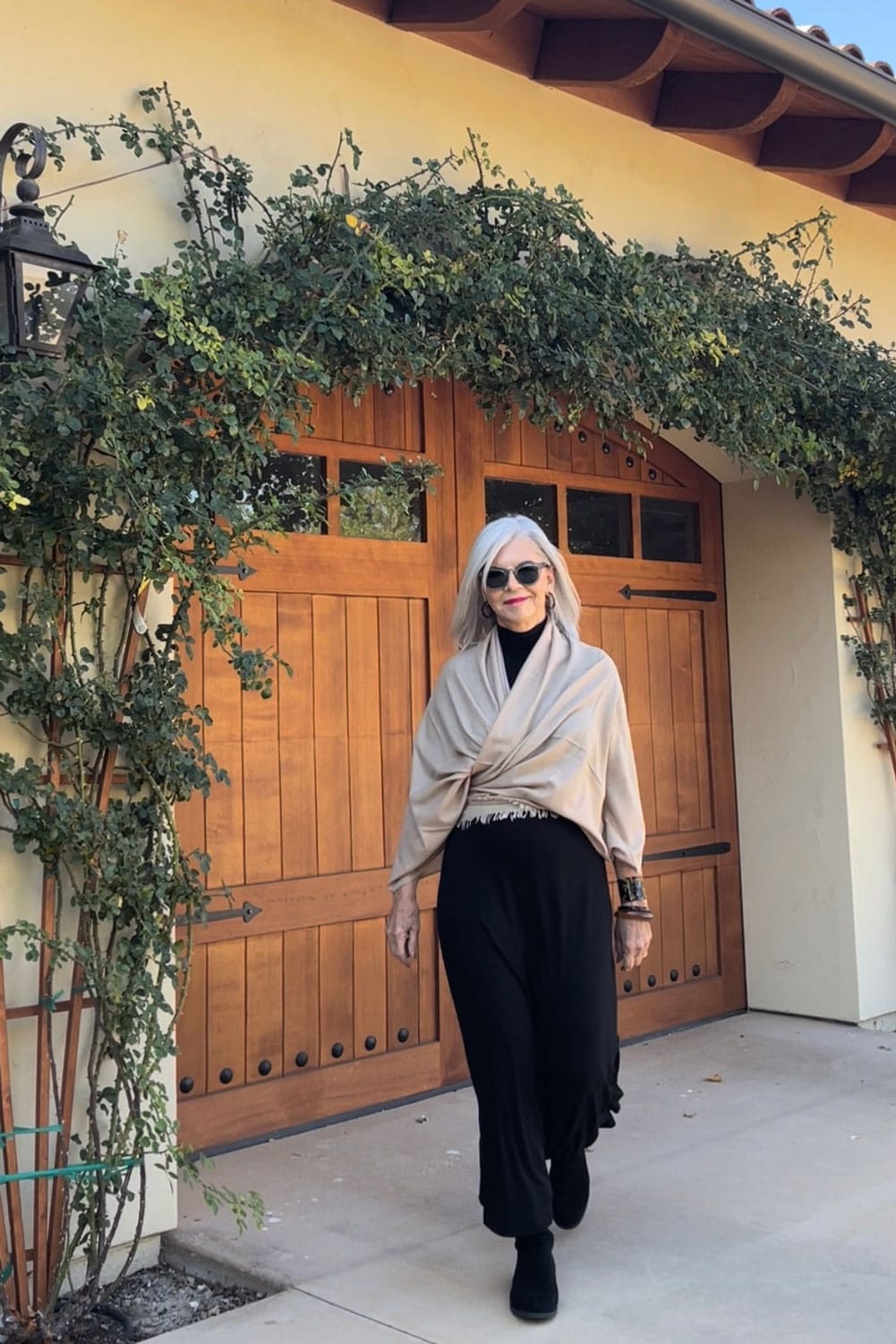 Black Turtleneck with Beige Draped Wrap Top and Wide Leg Pants Black Turtleneck with Beige Draped Wrap Top and Wide Leg Pants — Luxury Outfits