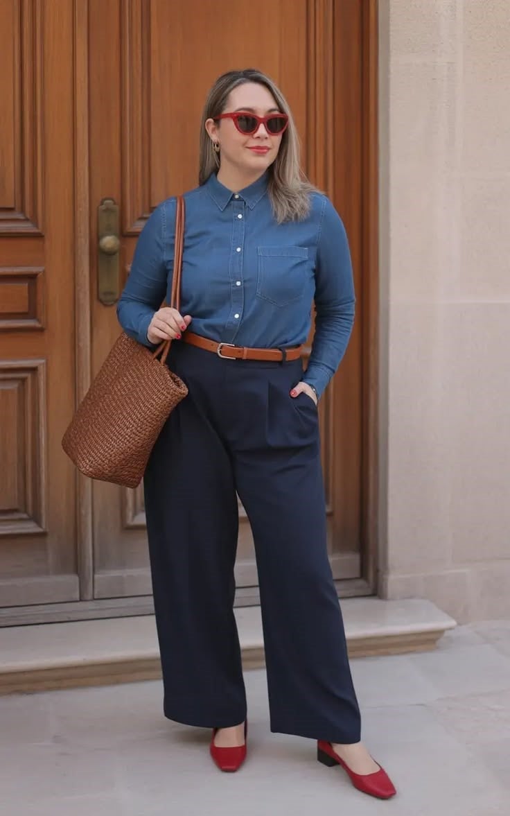 Blue Denim Shirt with Navy Wide Leg Trousers and Belt Blue Denim Shirt with Navy Wide Leg Trousers and Belt — Luxury Outfits