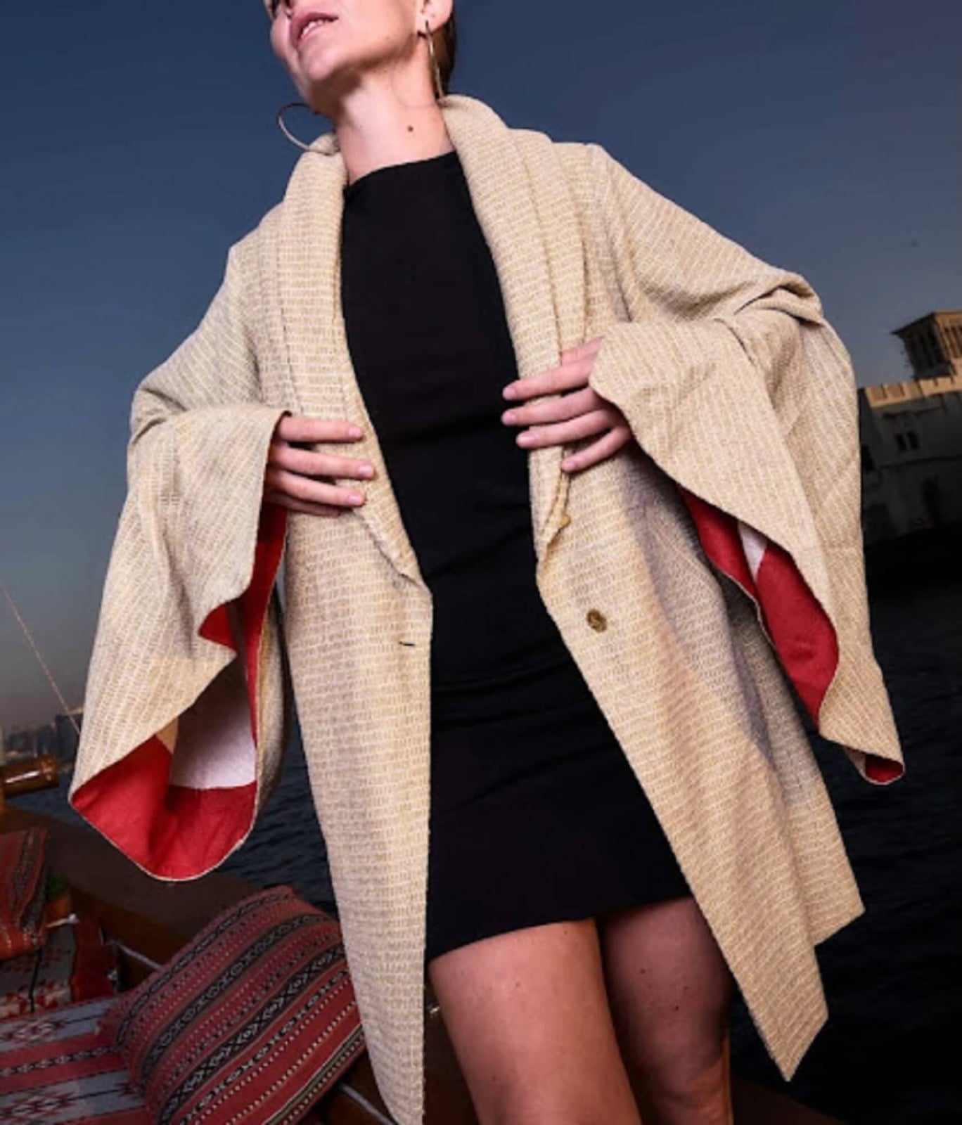 Black Mini Dress with Oversized Beige Kimono Jacket Black Mini Dress with Oversized Beige Kimono Jacket — Luxury Outfits
