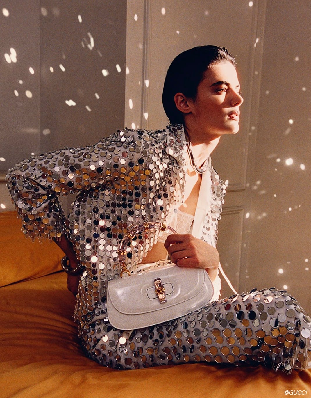 Silver Sequined Jacket and Pants with White Bra Top Silver Sequined Jacket and Pants with White Bra Top — Luxury Outfits