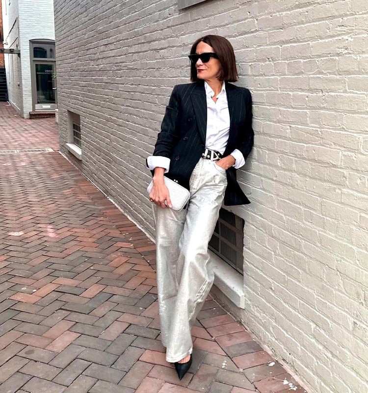 Pinstripe Blazer with Metallic Wide Leg Trousers Pinstripe Blazer with Metallic Wide Leg Trousers — Luxury Outfits