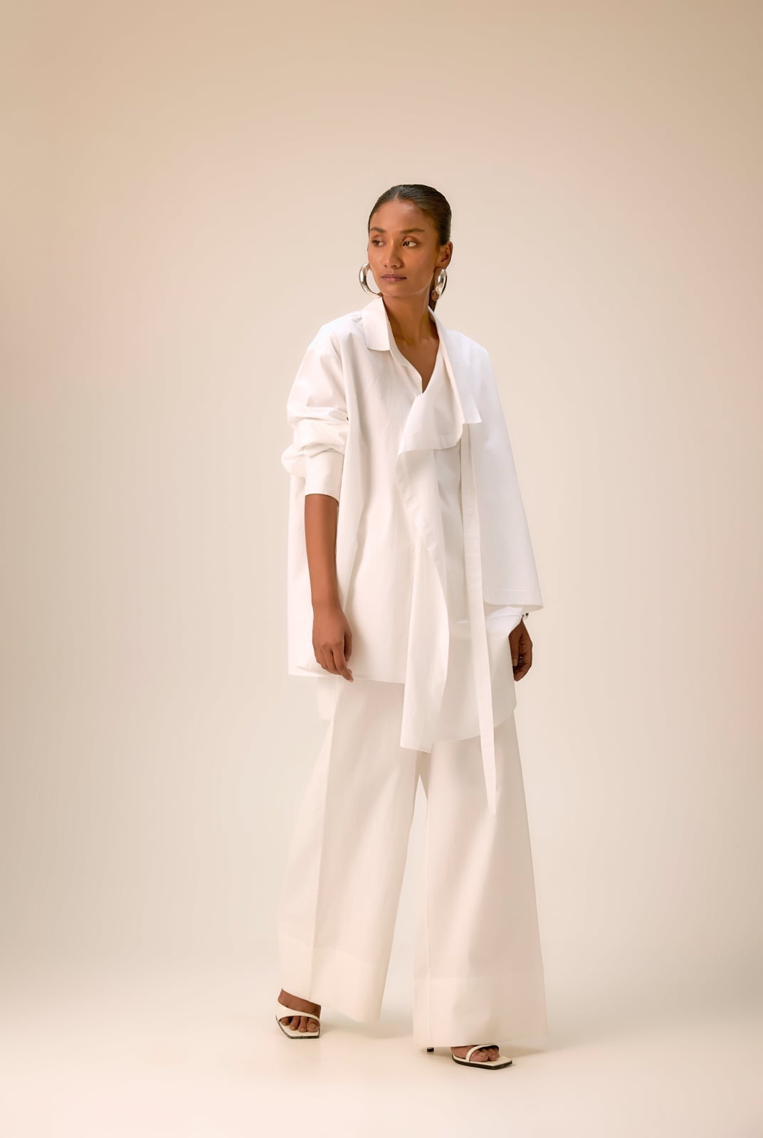 Monochromatic White Oversized Shirt and Wide Leg Trousers Monochromatic White Oversized Shirt and Wide Leg Trousers — Luxury Outfits