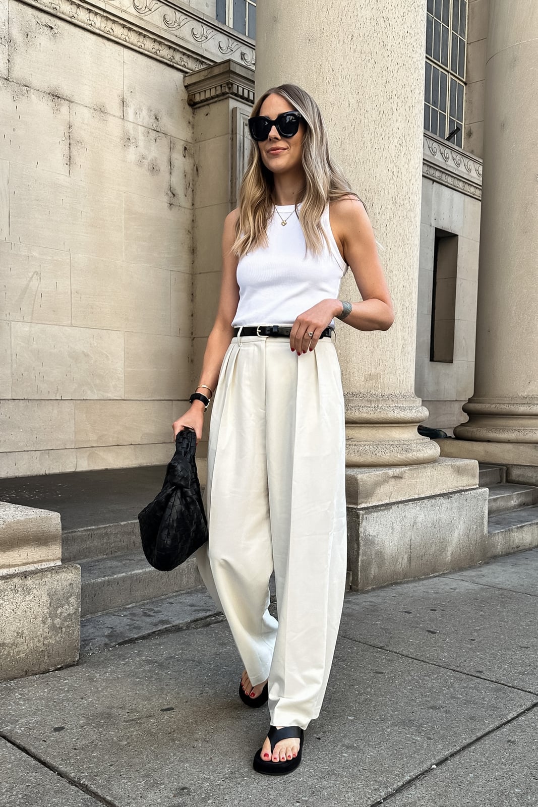 White Tank Top with Cream Oversized Wide Leg Trousers, Close-Up Take White Tank Top with Cream Oversized Wide Leg Trousers, Close-Up Take — Luxury Outfits