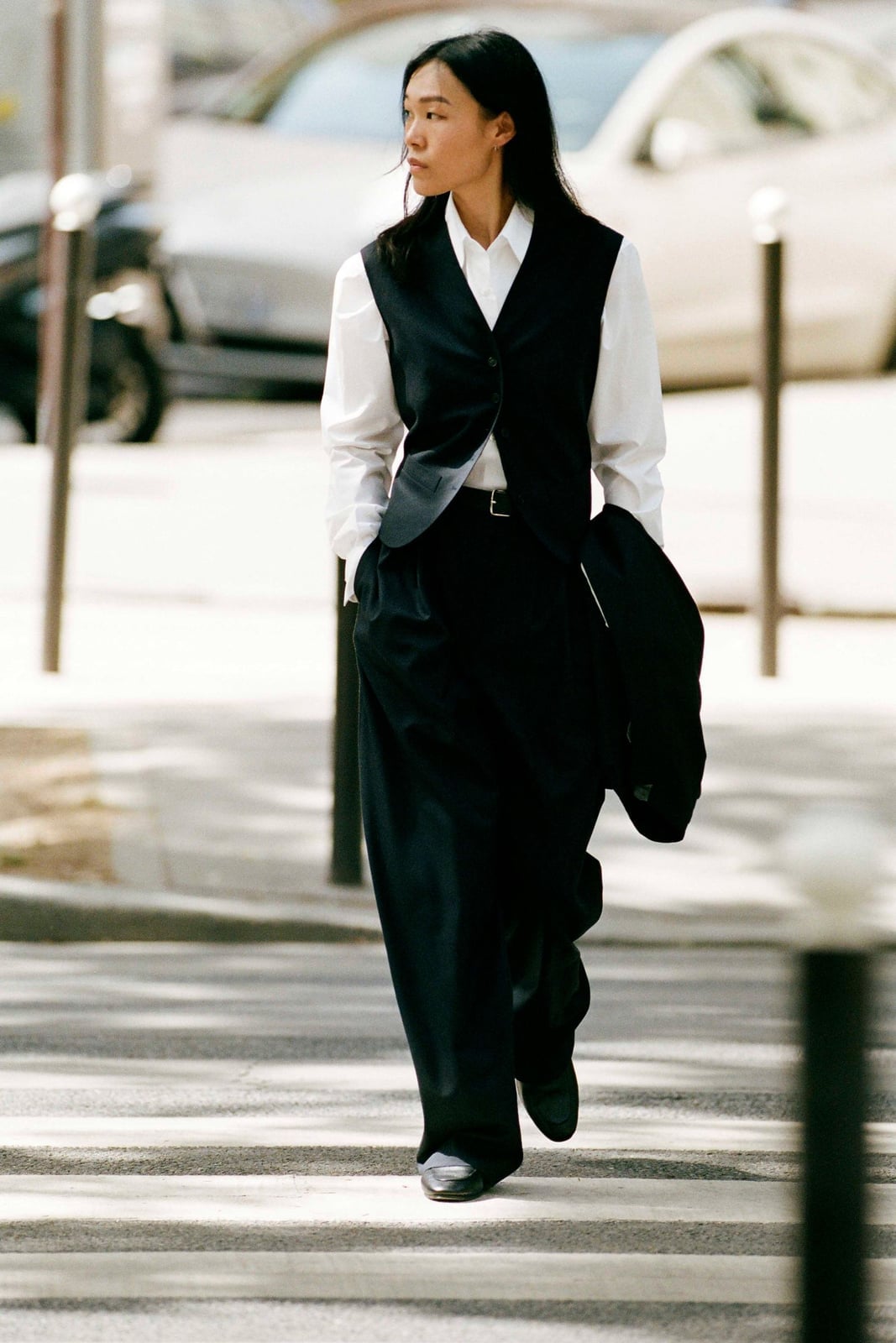 Black Vest and Wide Leg Trousers with Draped Jacket Black Vest and Wide Leg Trousers with Draped Jacket — Luxury Outfits