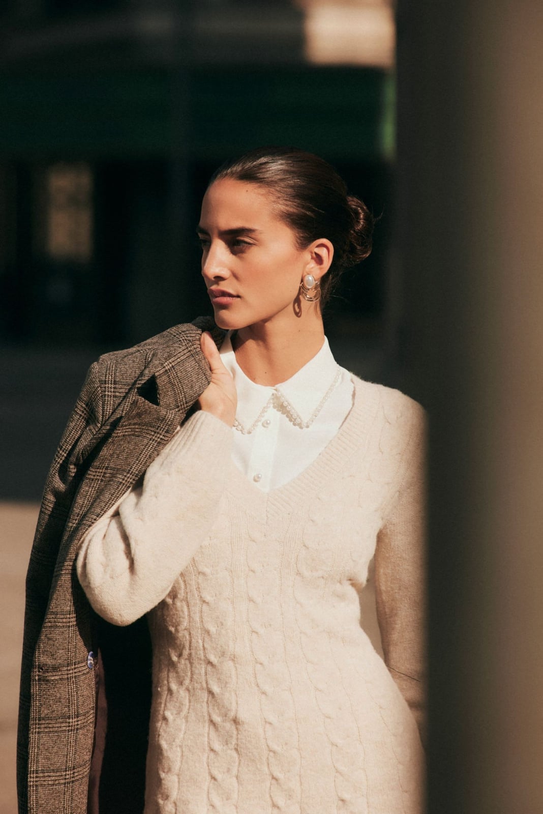 Cream Cable Knit Sweater with Pearl Embellished Shirt Cream Cable Knit Sweater with Pearl Embellished Shirt — Luxury Outfits