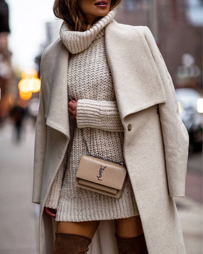 Monochromatic Cream Wool Coat and Turtleneck Sweater Dress Monochromatic Cream Wool Coat and Turtleneck Sweater Dress — Luxury Outfits