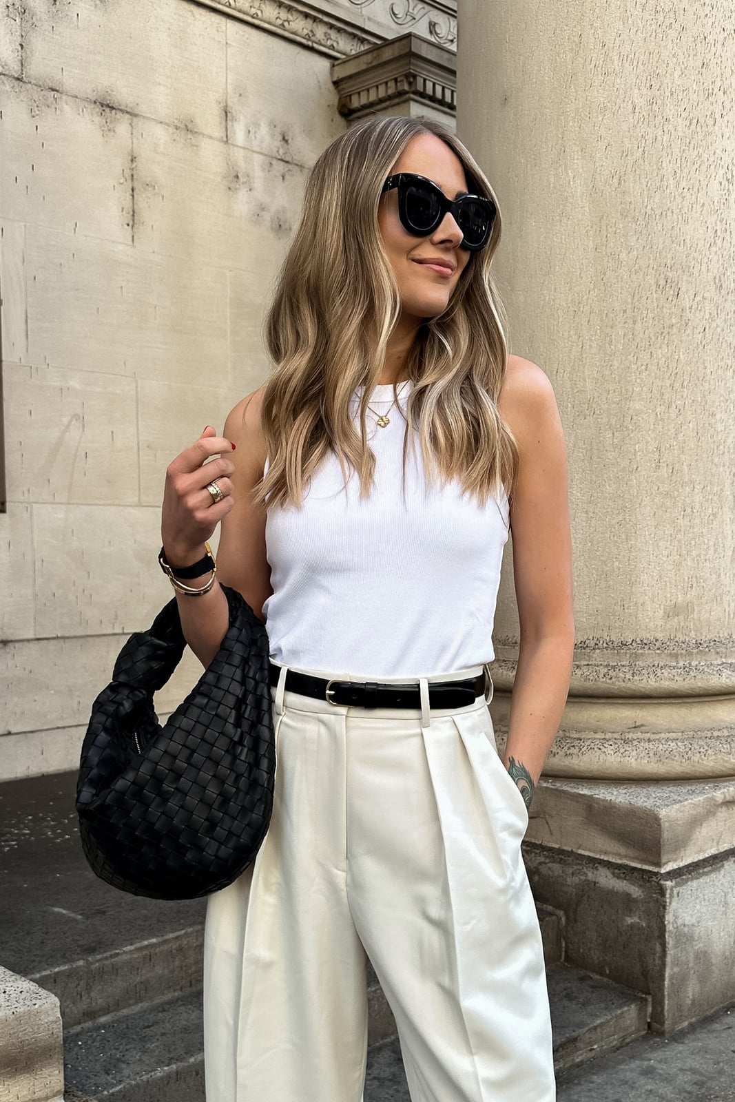White Tank Top with Cream Wide Leg Trousers White Tank Top with Cream Wide Leg Trousers — Luxury Outfits