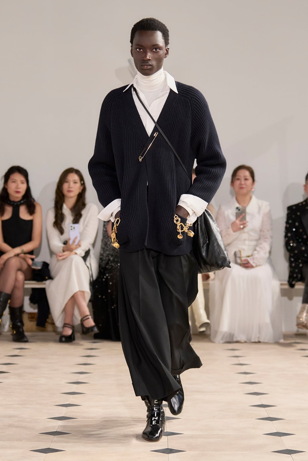 Navy Knit Cardigan Over White Turtleneck and Black Trousers Navy Knit Cardigan Over White Turtleneck and Black Trousers — Luxury Outfits