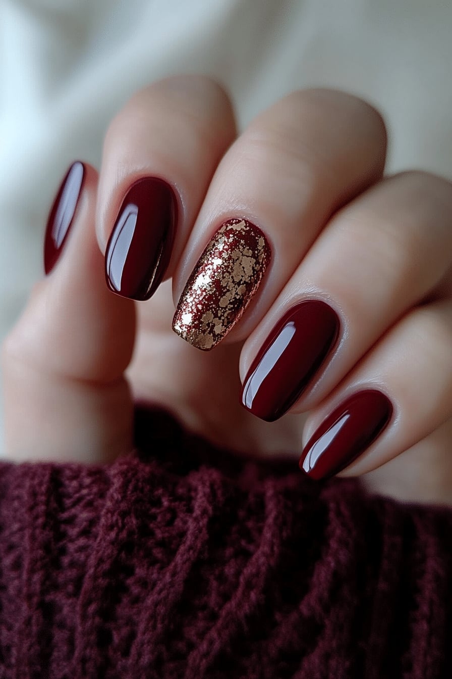 Medium Oval Gold Foil Maroon Nails Medium Oval Gold Foil Maroon Nails