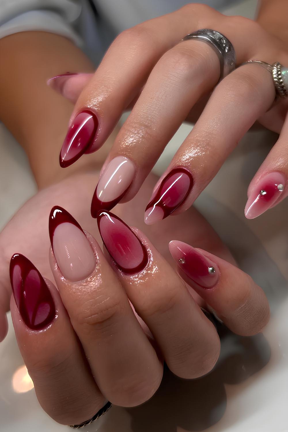 Medium Almond Aura French Maroon Nails Medium Almond Aura French Maroon Nails