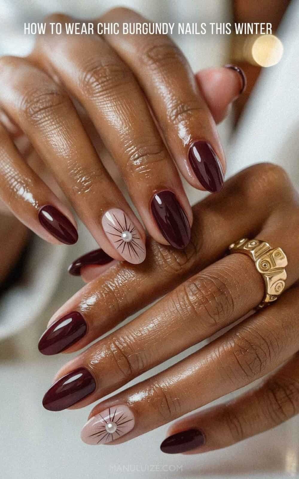 Medium Almond Pearl Sunburst Maroon Nails Medium Almond Pearl Sunburst Maroon Nails