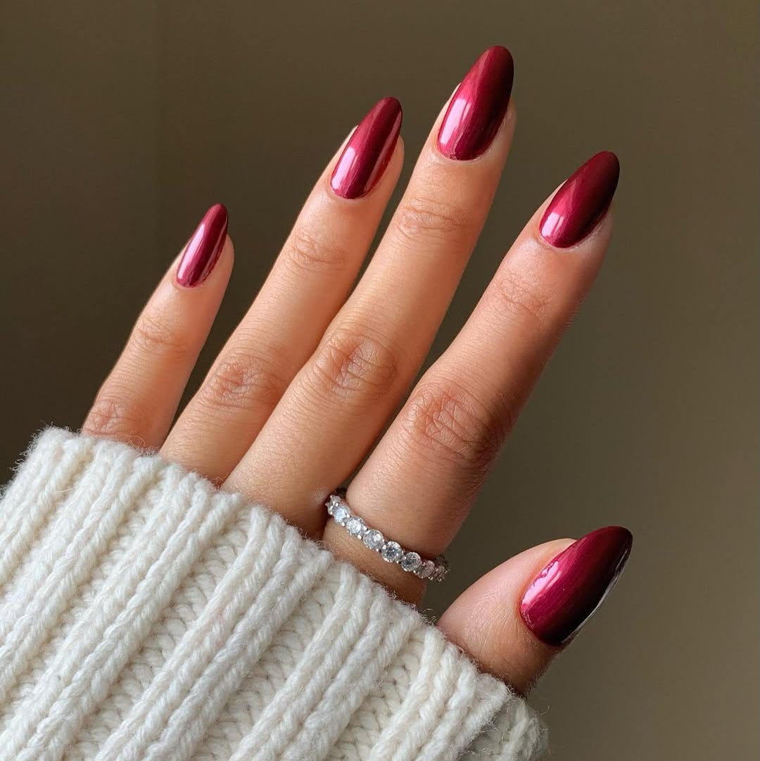 Medium Almond Metallic Maroon Nails Medium Almond Metallic Maroon Nails