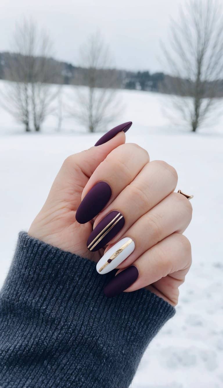 Medium Almond Matte Maroon Gold Stripe Medium Almond Matte Maroon Gold Stripe — Maroon Nails