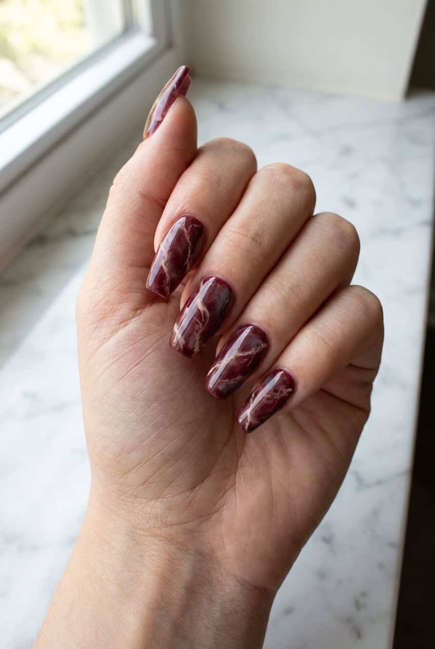 Long Coffin Marble Maroon Nails Long Coffin Marble Maroon Nails