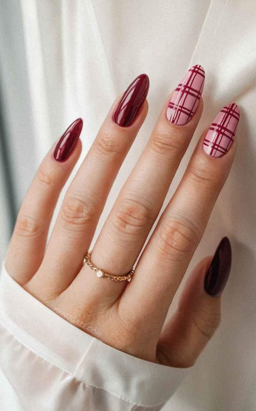 Long Oval Pink Plaid Maroon Nails Long Oval Pink Plaid Maroon Nails