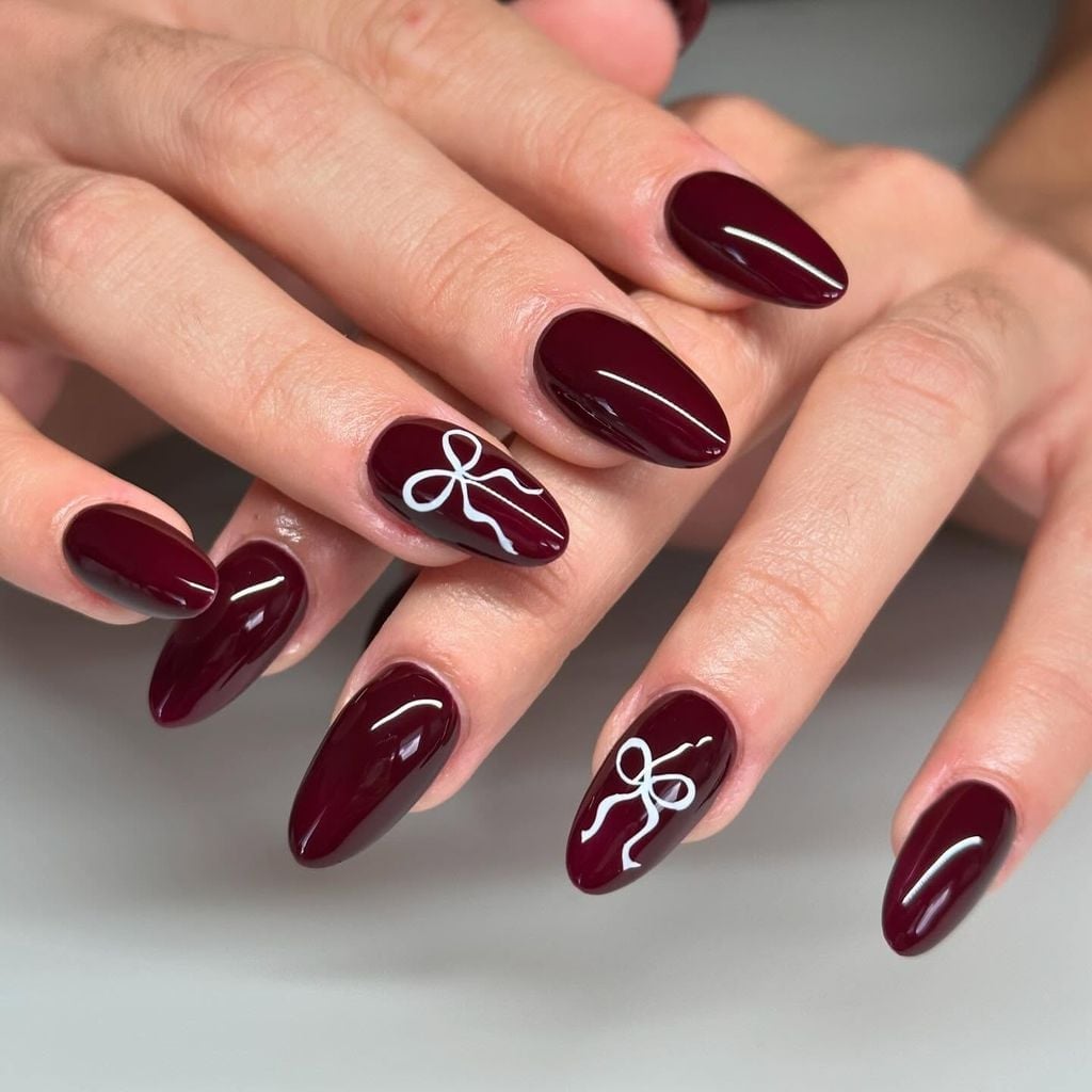 Medium Almond White Bow Maroon Nails Medium Almond White Bow Maroon Nails