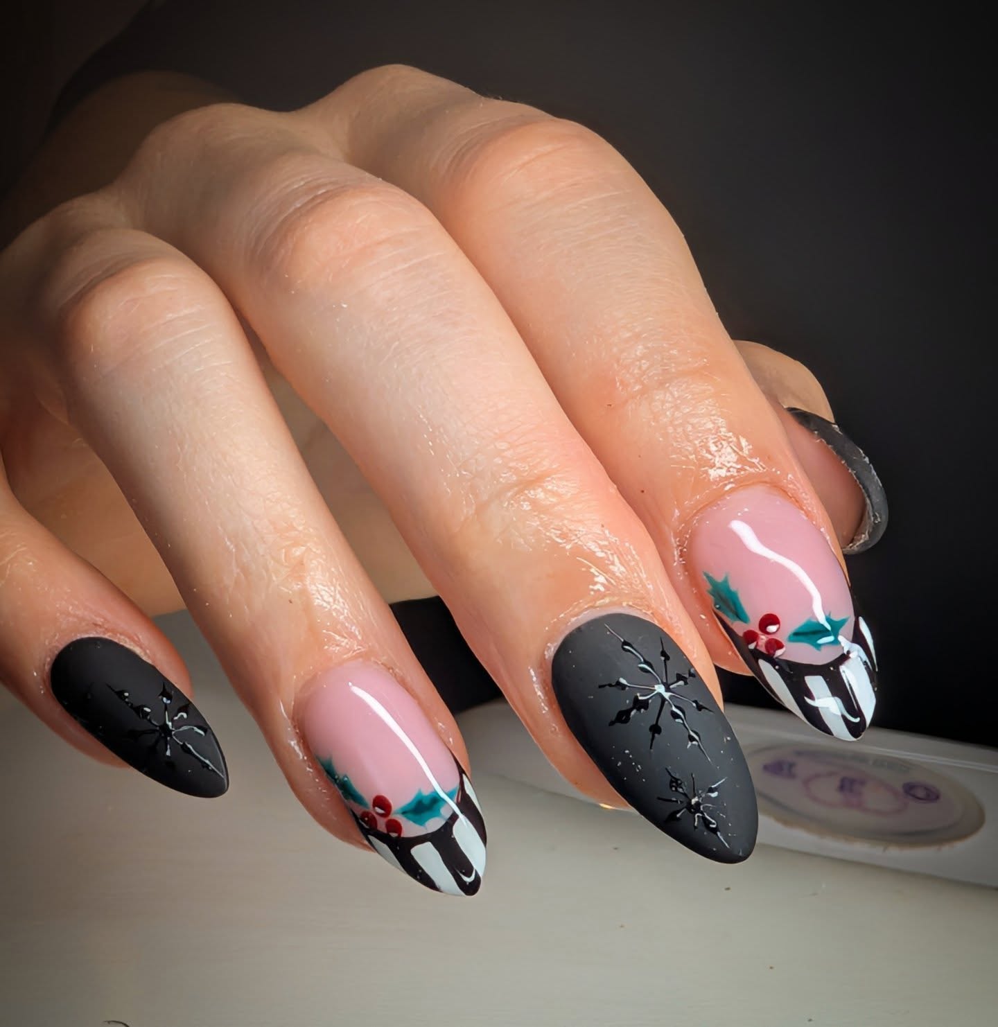 Matte Black Snowflake French Tips With Holly Accents