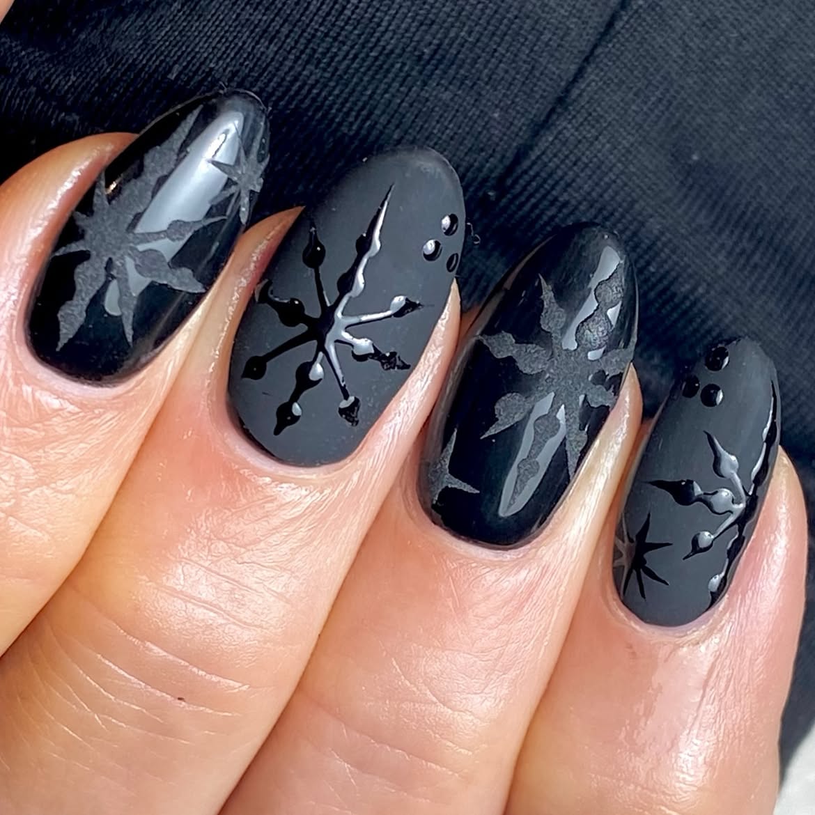 Matte Black Snowflakes & Dew Drops Nails