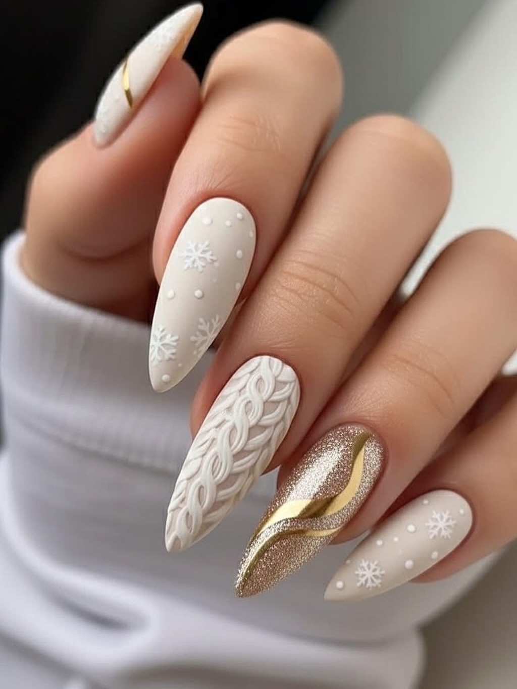 Matte Cream Snowflake Cable Knit Nails