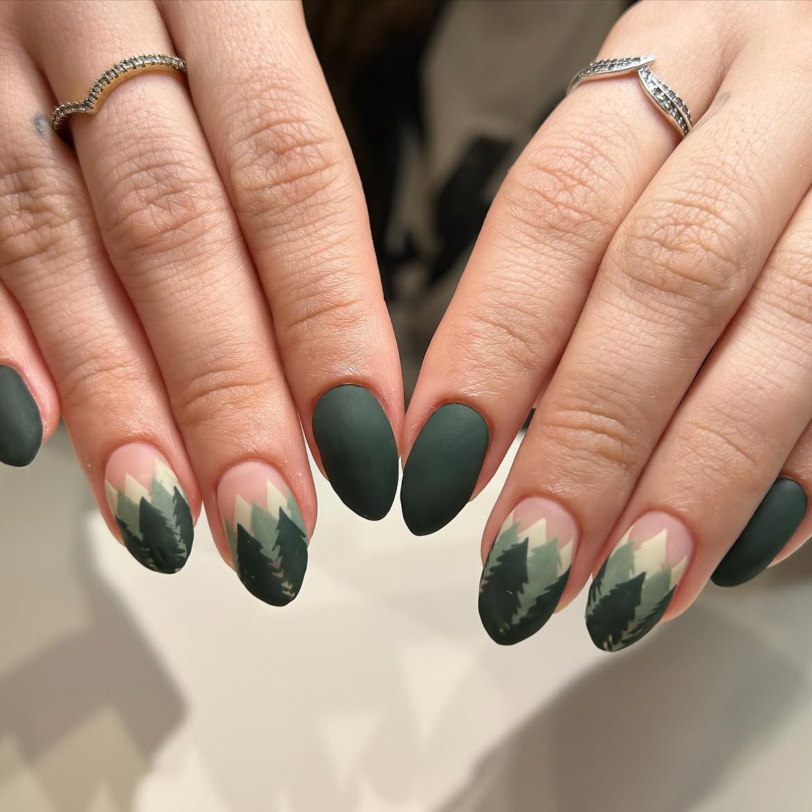 Matte Dark Green Winter Pine Tree Nail Art