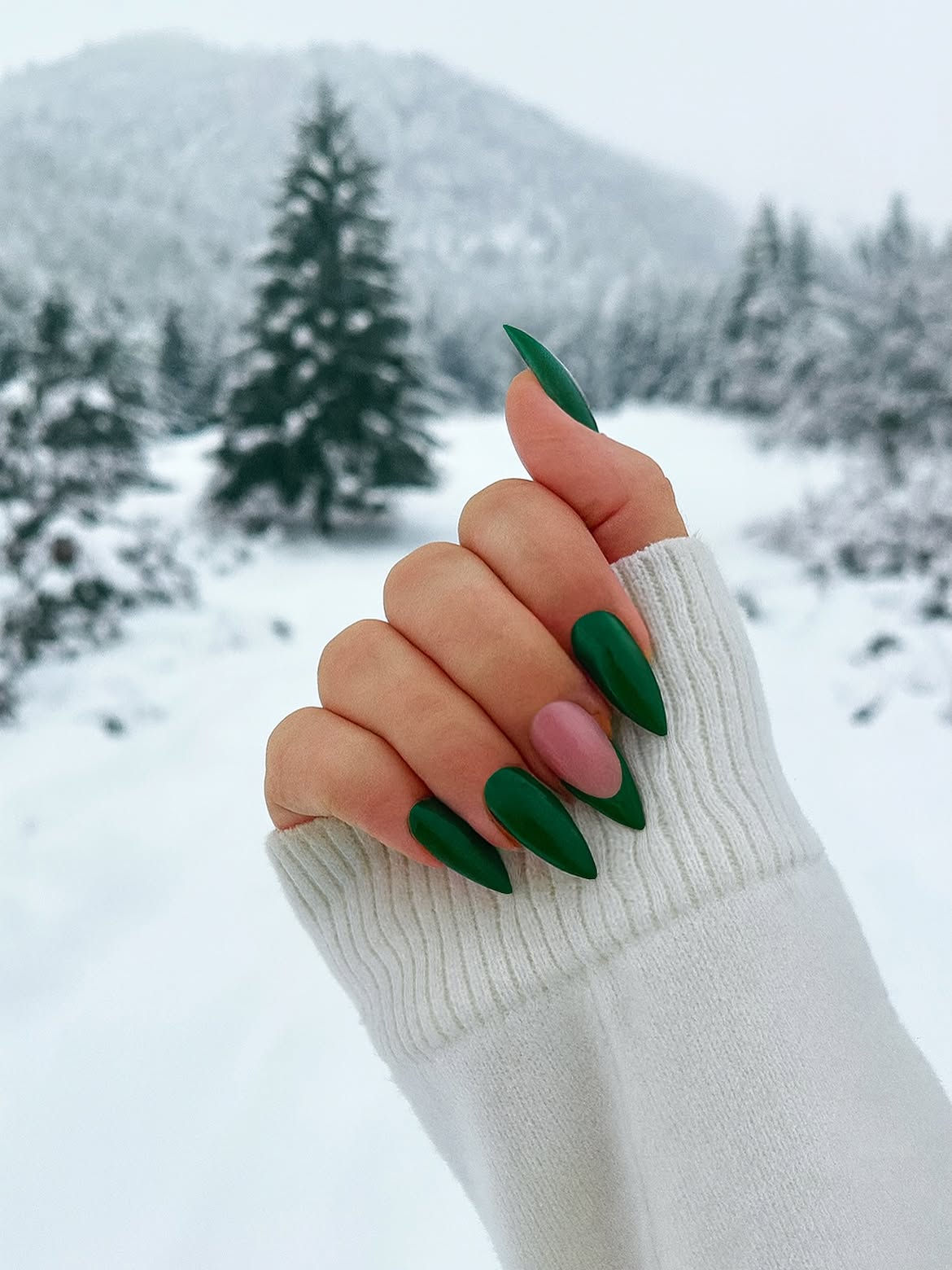 Matte Forest Green Stiletto Nails with Accent Nail