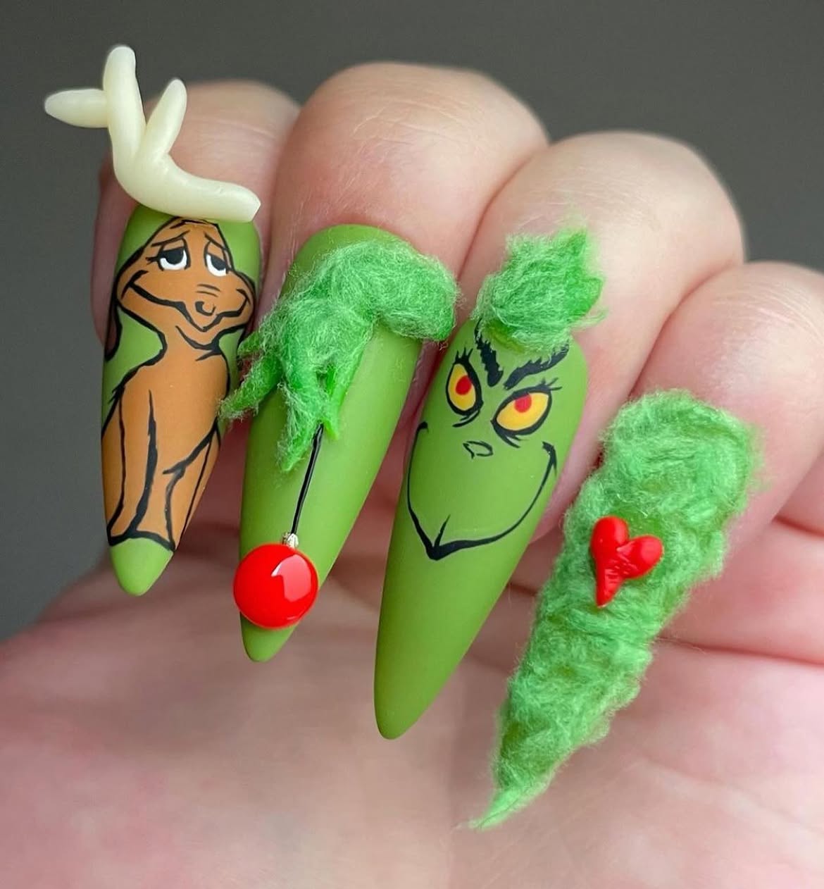 Matte Grinch Holiday Nail Art With Fuzzy Texture