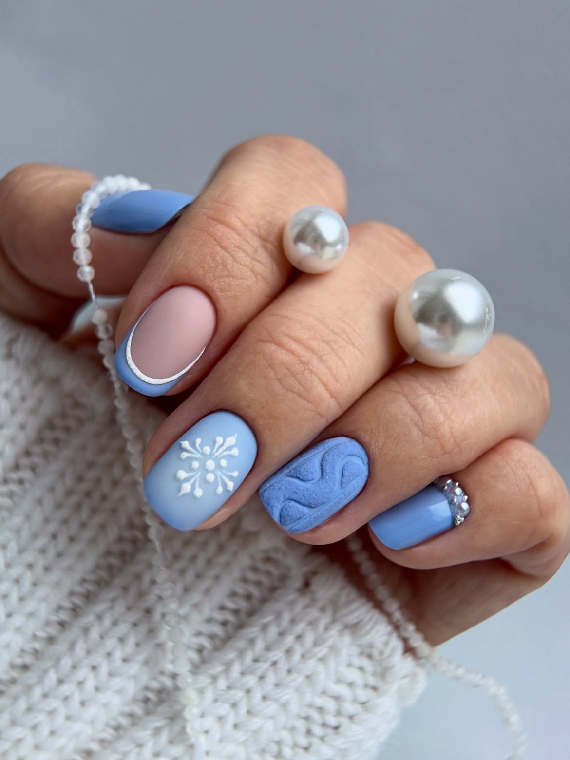 Matte Light Blue Winter Sweater Nail Art