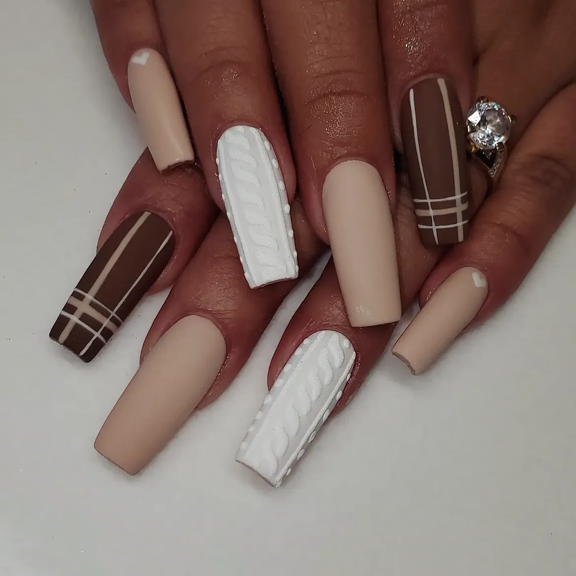 Matte Nude and Brown Sweater Nail Art