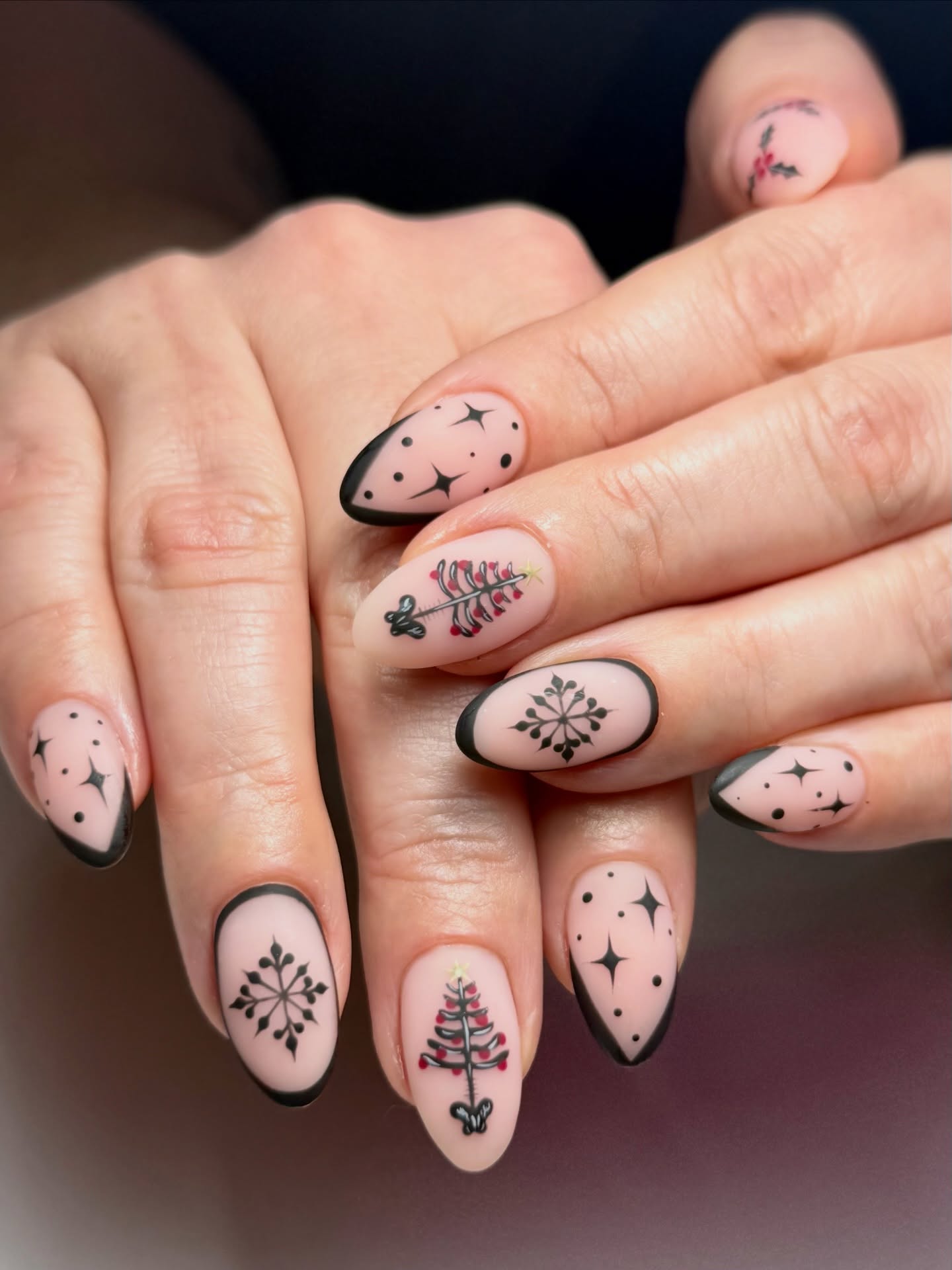 Matte Nude Christmas Tree and Snowflake Almond Nails