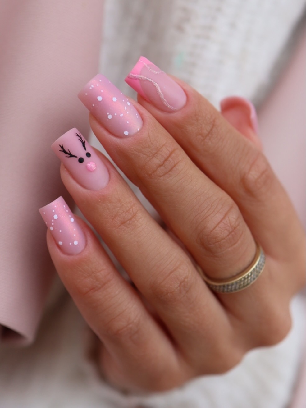 Matte Pink Reindeer And Snowflake Square Nails