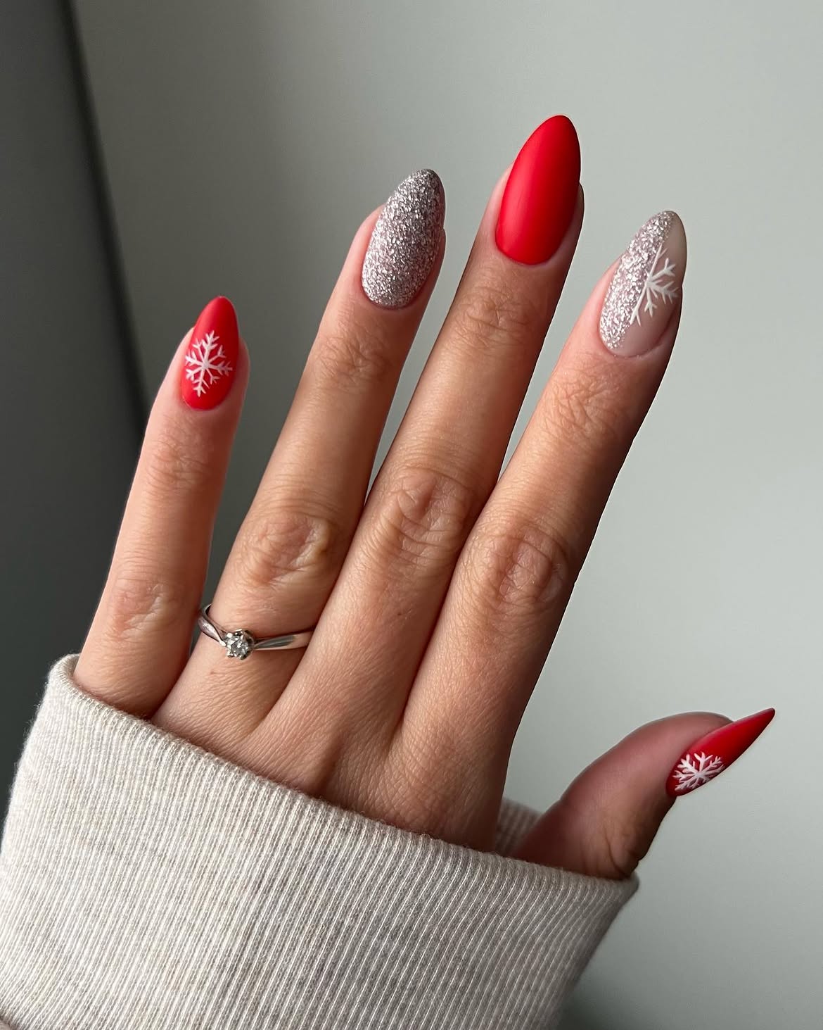 Matte Red Snowflake Almond Nails