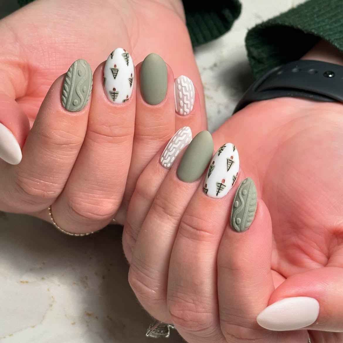 Matte Sage Green 3D Sweater Nail Art