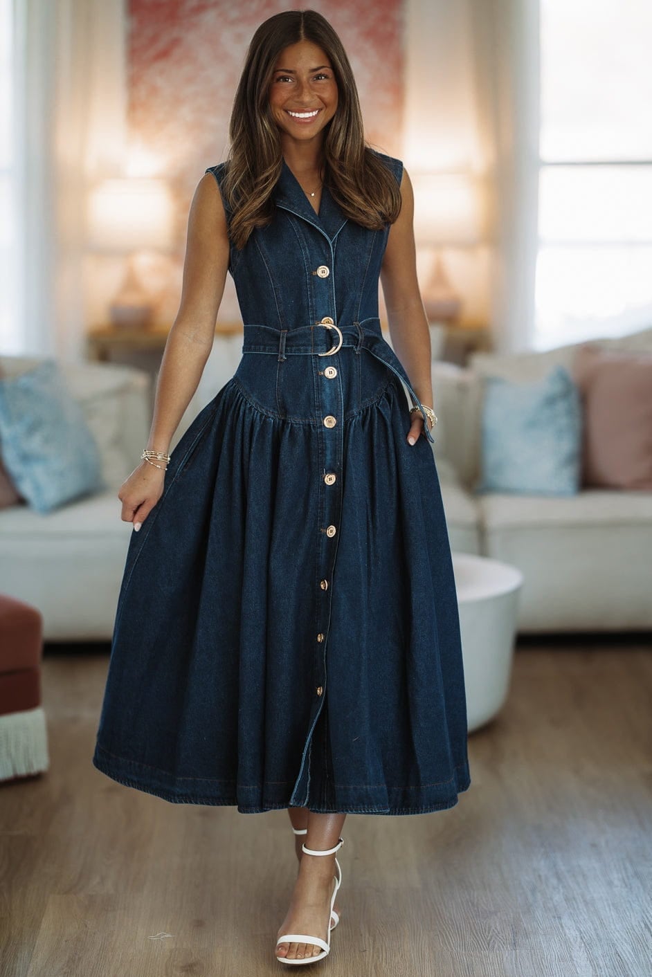 Dark Denim Collared Fit-and-Flare Maxi Dress Dark Denim Collared Fit-and-Flare Maxi Dress — Maxi Dresses
