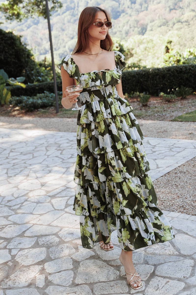Green Floral Print Puff Sleeve Tiered Maxi Dress Green Floral Print Puff Sleeve Tiered Maxi Dress — Maxi Dresses
