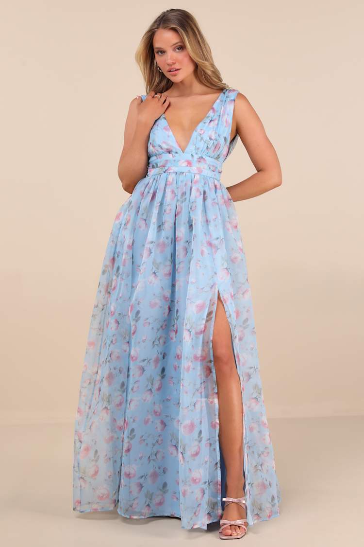 Light Blue Floral Chiffon High Slit Maxi Dress Light Blue Floral Chiffon High Slit Maxi Dress — Maxi Dresses