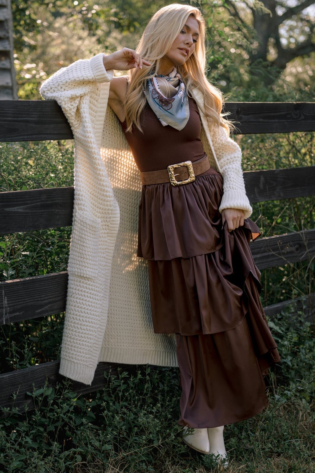 Brown Tiered Maxi Dress with Knit Cardigan Brown Tiered Maxi Dress with Knit Cardigan — Maxi Dresses