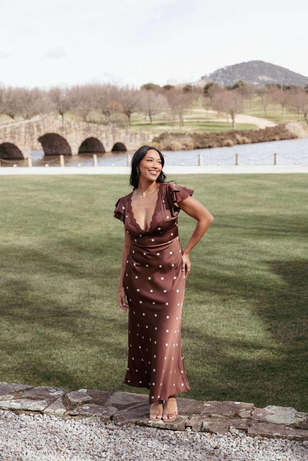 Brown Polka Dot Satin Lace Trim Maxi Dress Brown Polka Dot Satin Lace Trim Maxi Dress — Maxi Dresses
