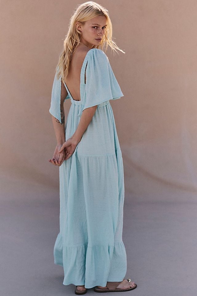 Pale Blue Gauzy Cotton Tiered Flutter Sleeve Maxi Dress Pale Blue Gauzy Cotton Tiered Flutter Sleeve Maxi Dress — Maxi Dresses