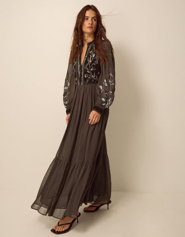 Dark Gray Sheer Embroidered Maxi Dress Dark Gray Sheer Embroidered Maxi Dress — Maxi Dresses