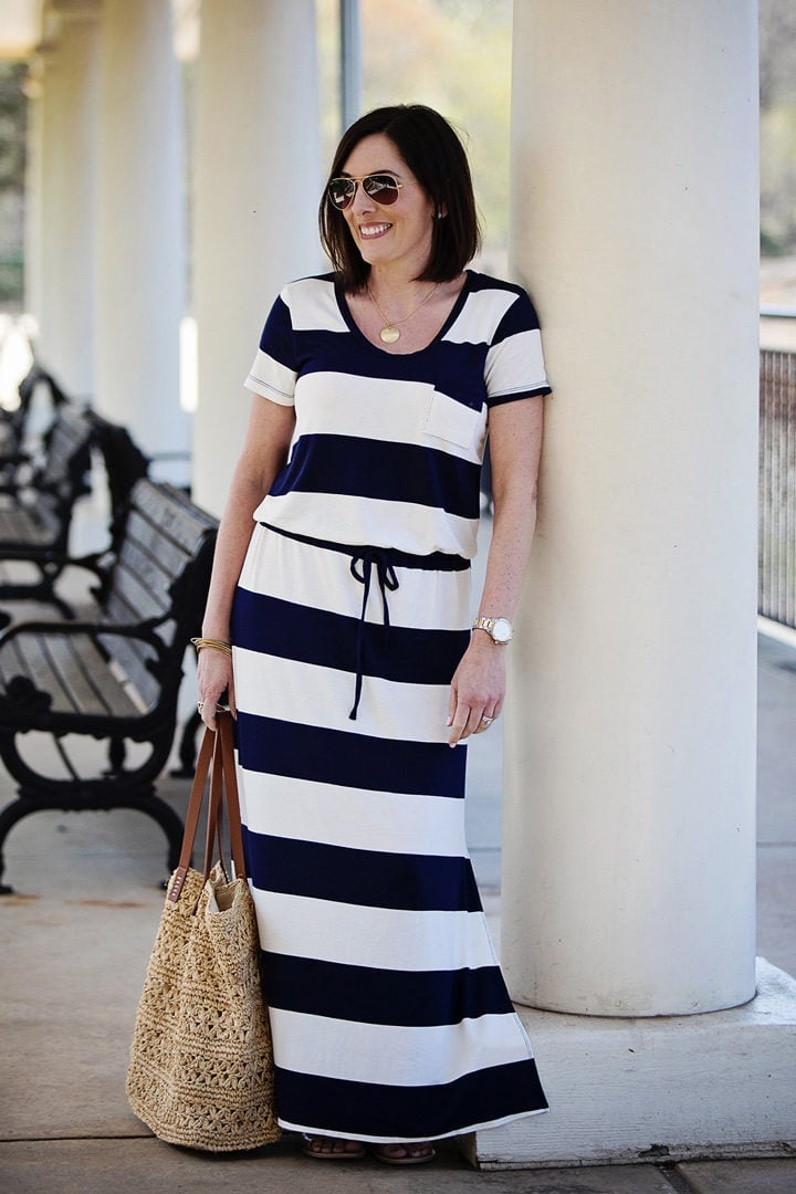 Navy and White Striped Drawstring Waist Maxi Dress Navy and White Striped Drawstring Waist Maxi Dress — Maxi Dresses