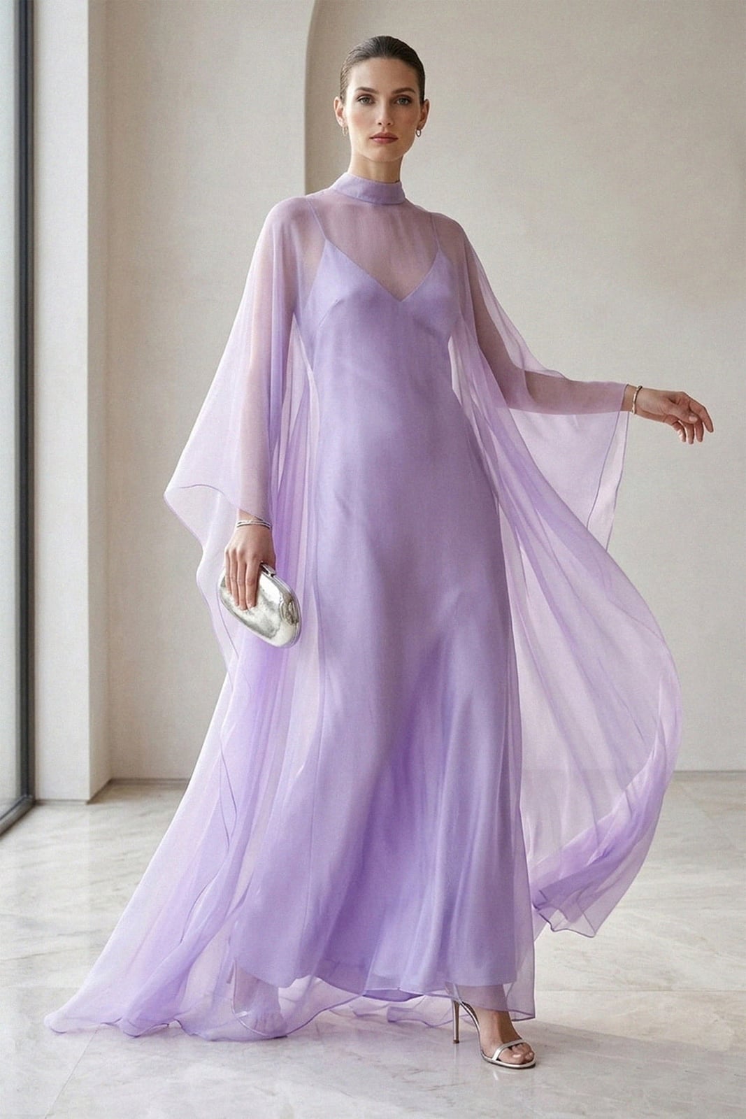 Lavender Satin Slip Maxi Dress With Sheer Organza Cape Lavender Satin Slip Maxi Dress With Sheer Organza Cape — Maxi Dresses Outfit